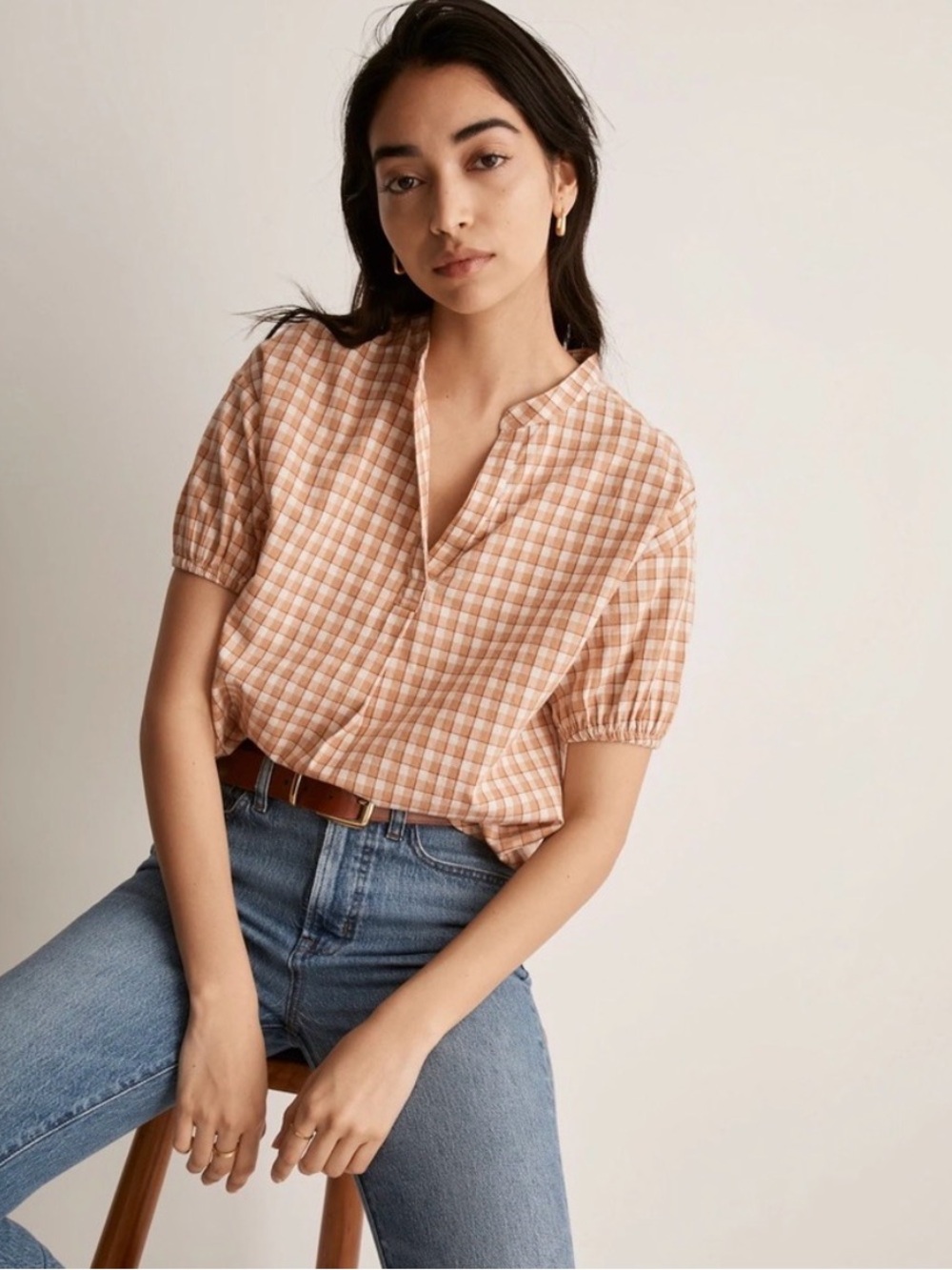 Madewell Crinkle Cotton Bubble -Sleeve Popover Shirt in Check-NWOT Small